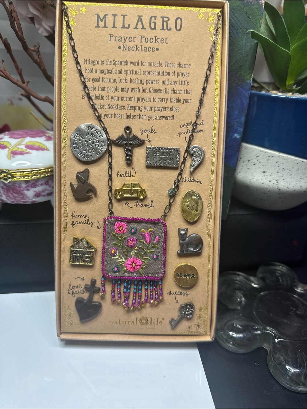 NATURAL LIFE Embroidered Floral Prayer Pocket Necklace – Pink, Green, Gold